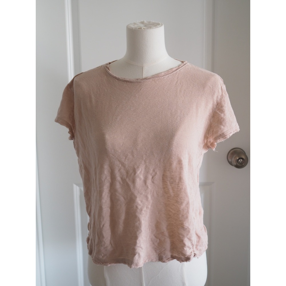 FRAME Easy True Organic Linen Tee Blush Pink Raw Hem Quiet Luxury S